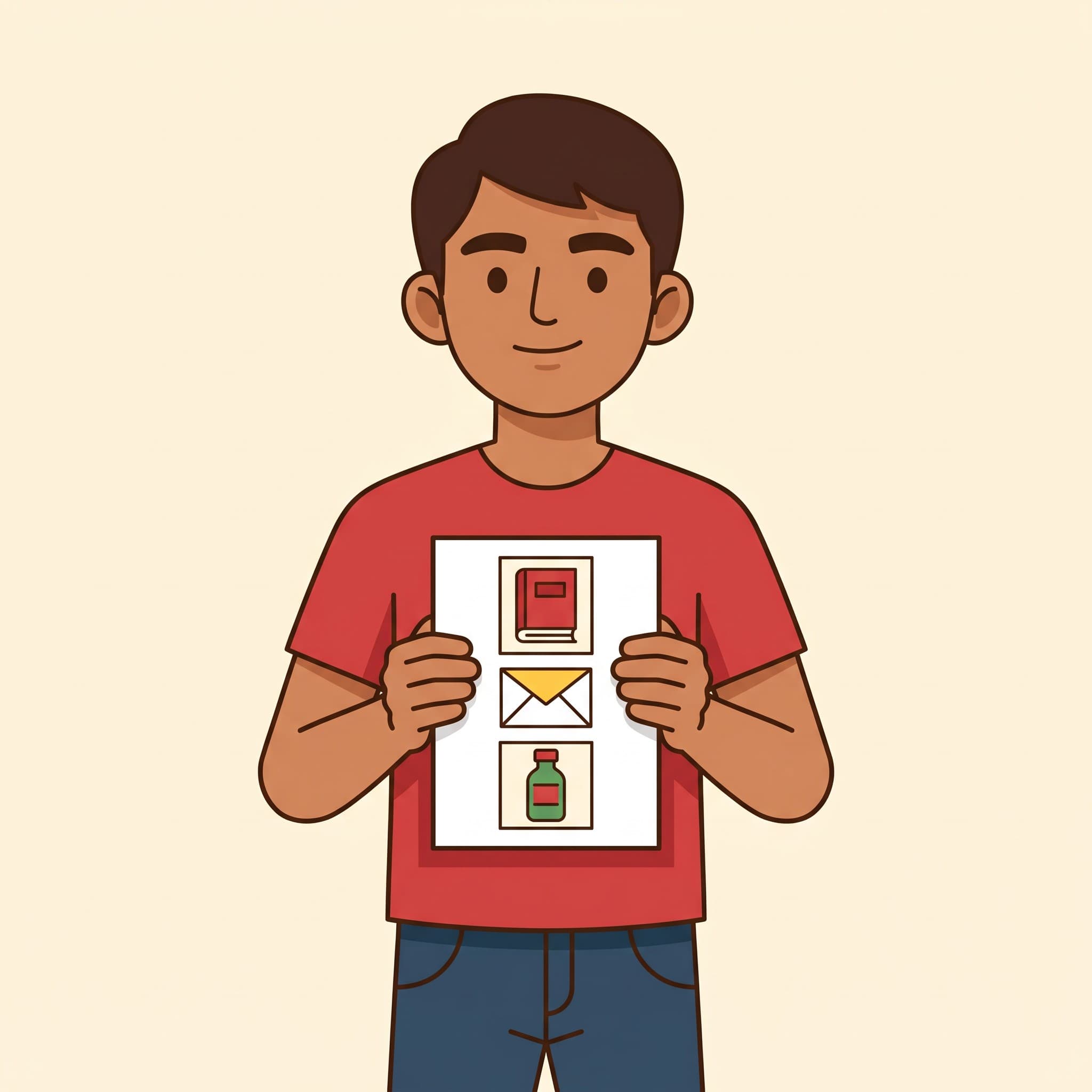 Emre holds a list with three pictures: a book, a letter and medicine.