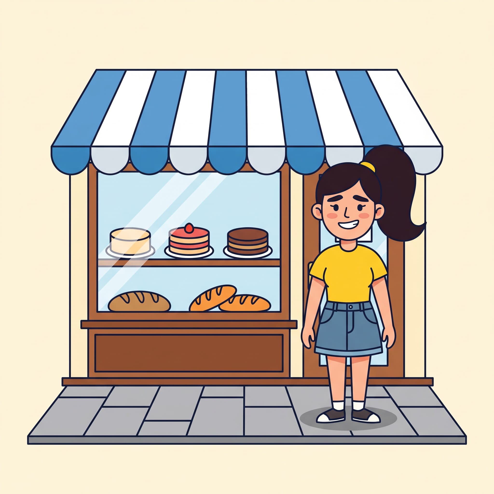 Ani stands in front of a pastry shop with a welcome sign in the window.