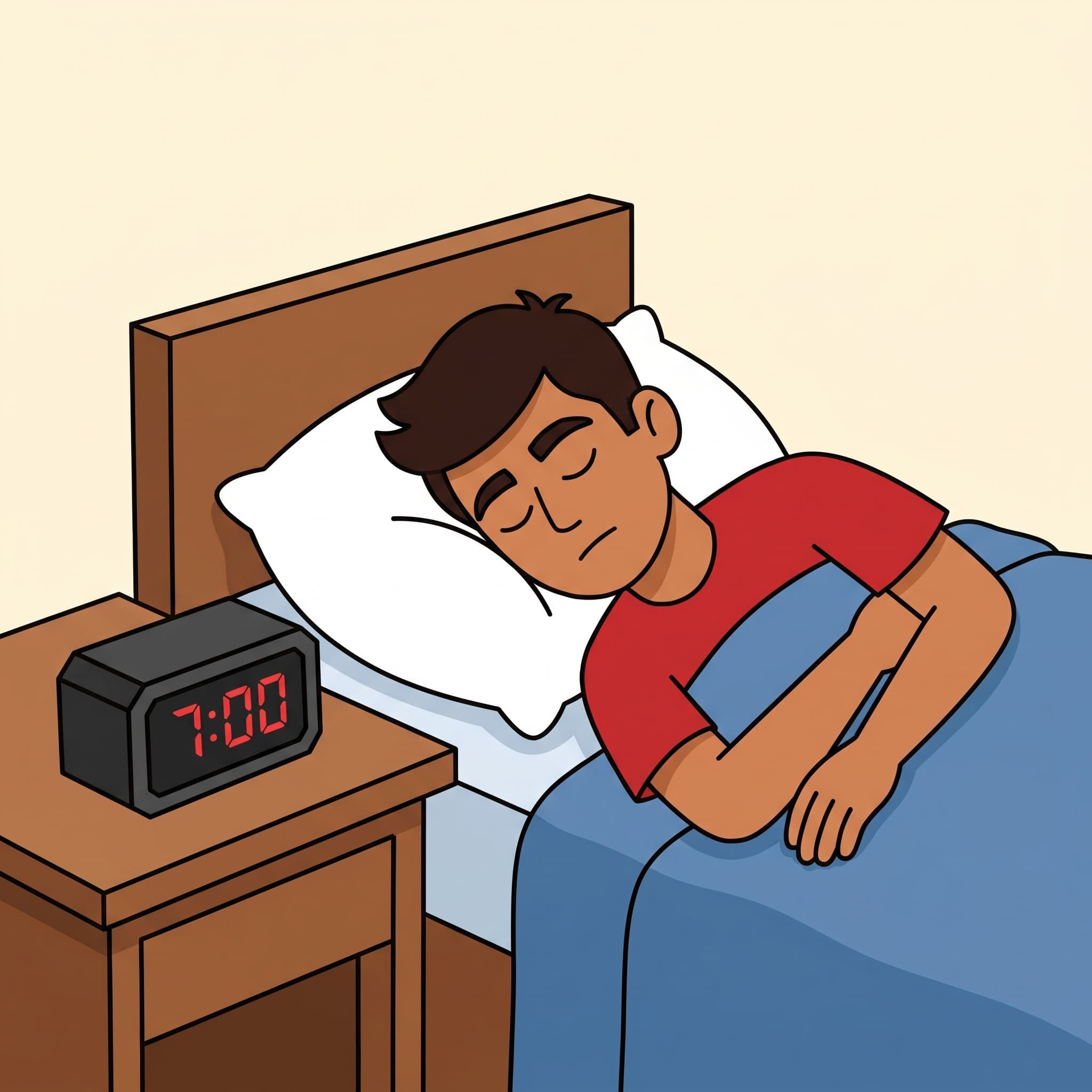 Emre is asleep in bed. On the table next to him a clock shows 7:00.