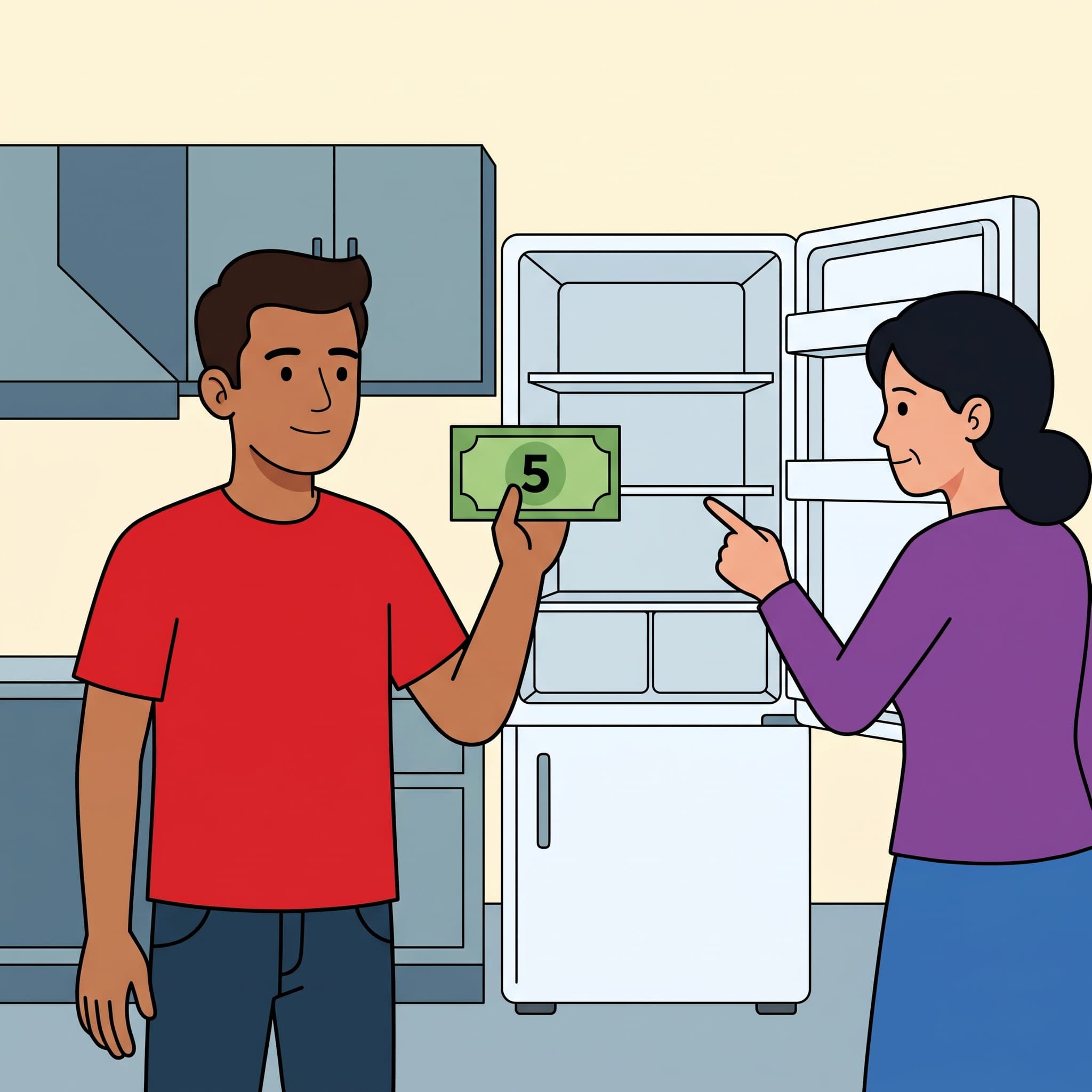 Emre holds a banknote with the number 5. His mother points to an empty fridge.
