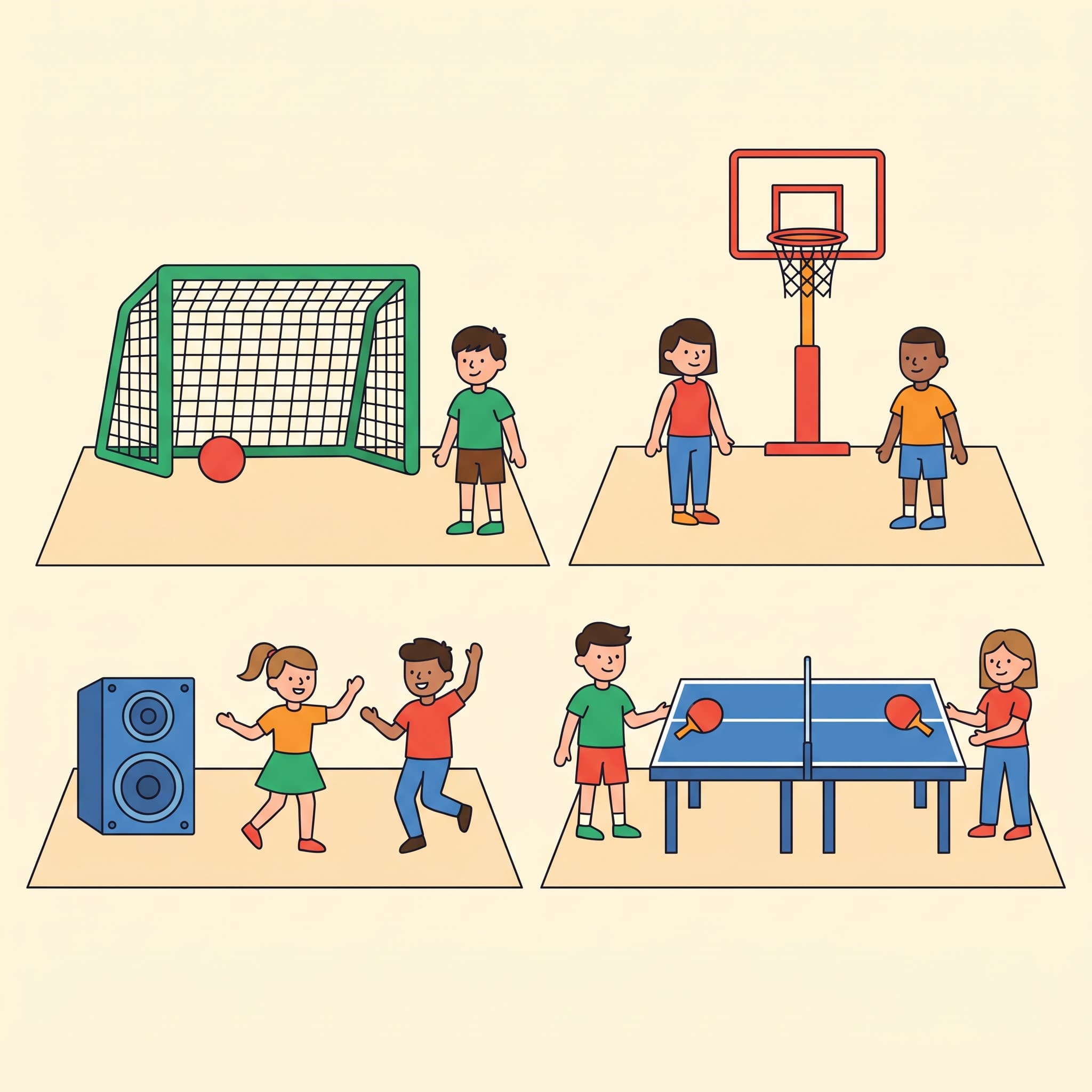 A sports hall with four stations: football, basketball, dance and table tennis.