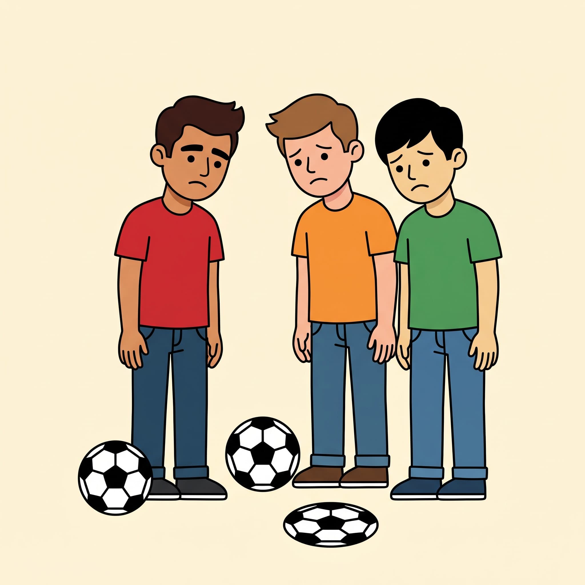 Emre and his friends look at old flat footballs.