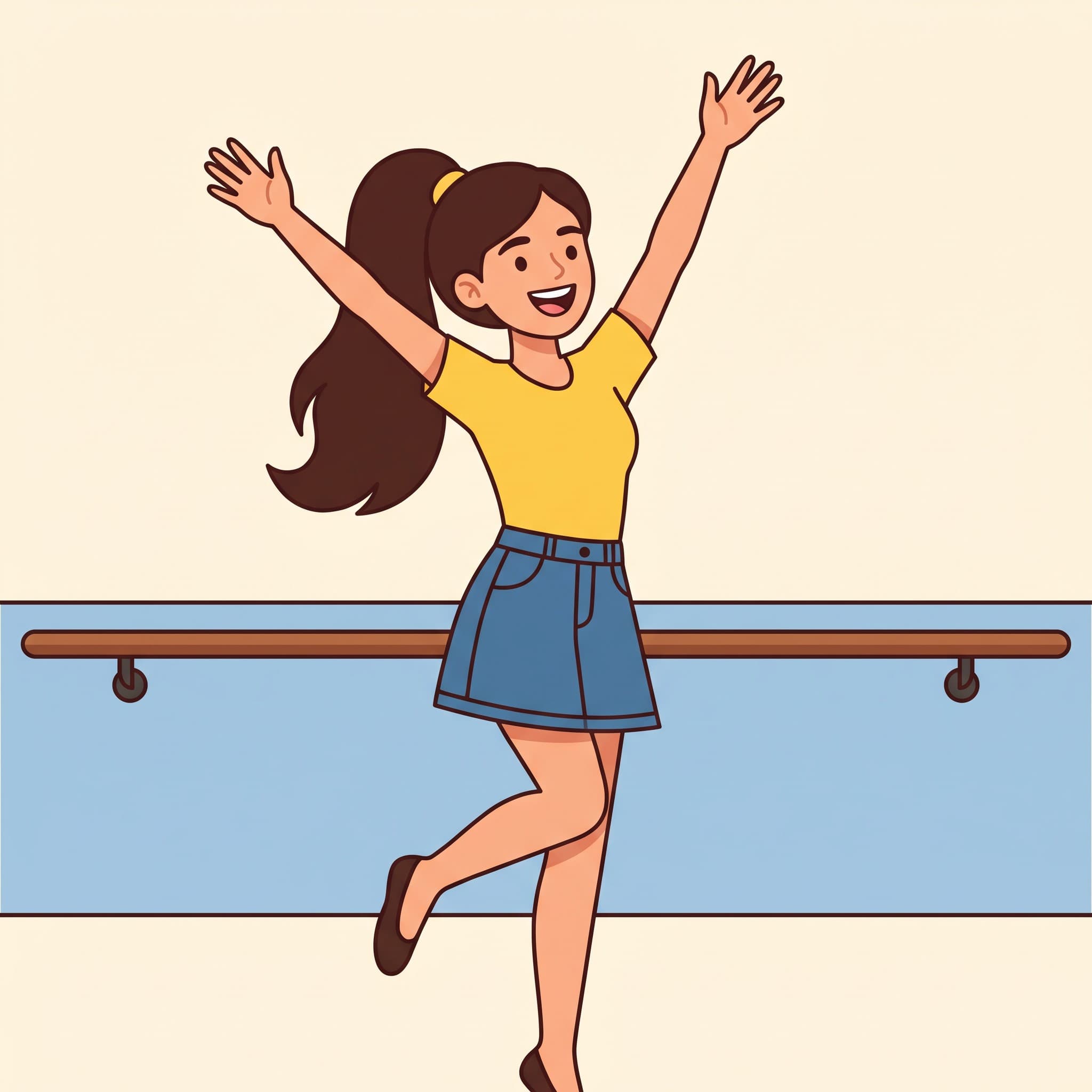 Ani dances in the dance studio with a big smile and her arms up.