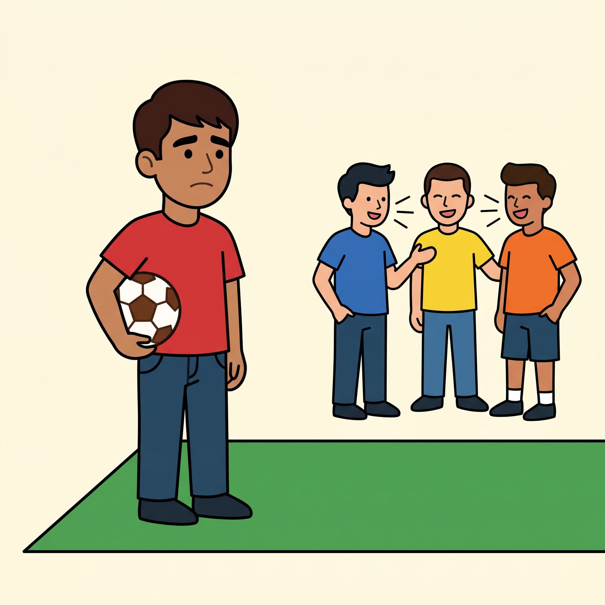 Emre stands alone at the side of a football pitch. Other players talk together in a group.