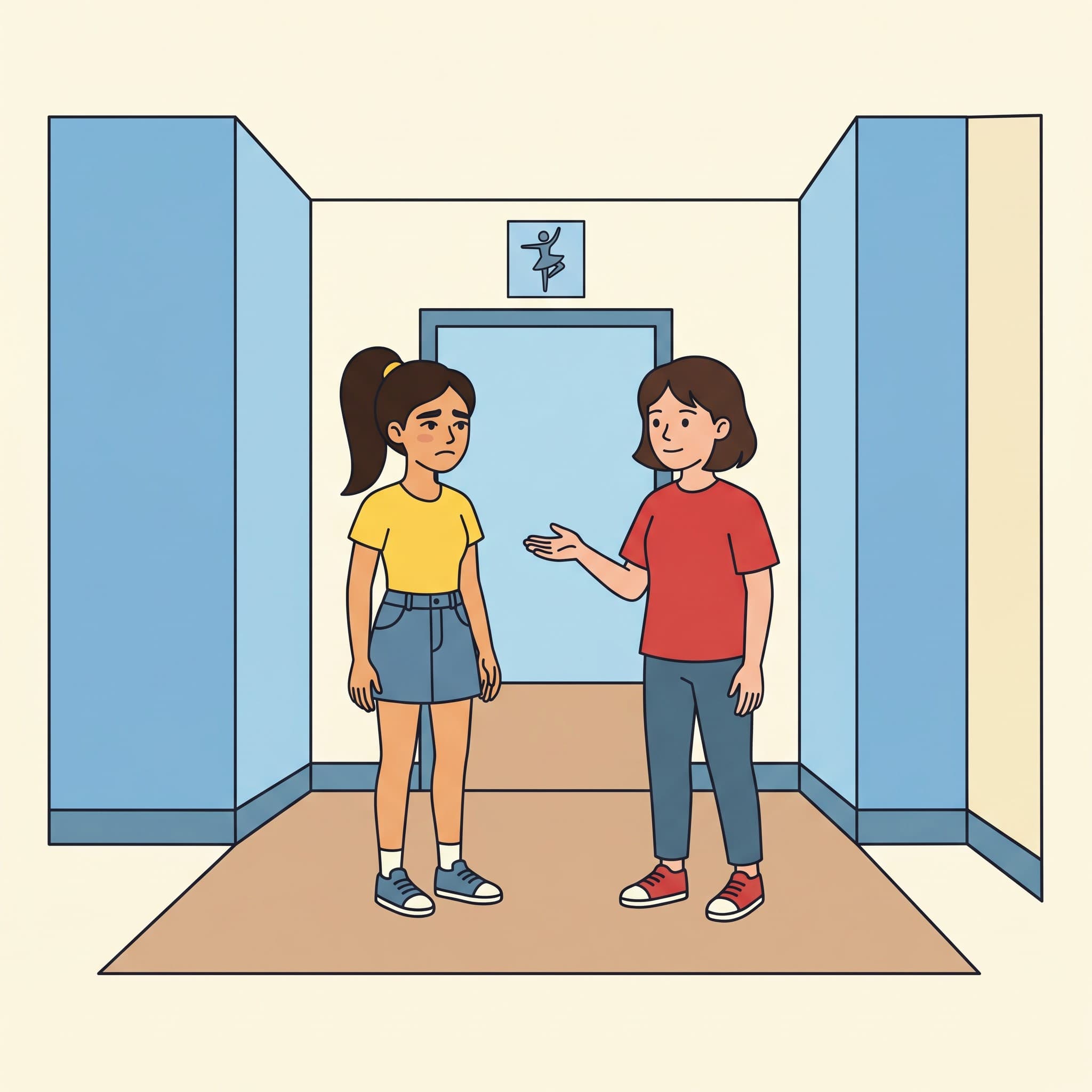 A girl holds out her open hand to Ani in the corridor after dance class.