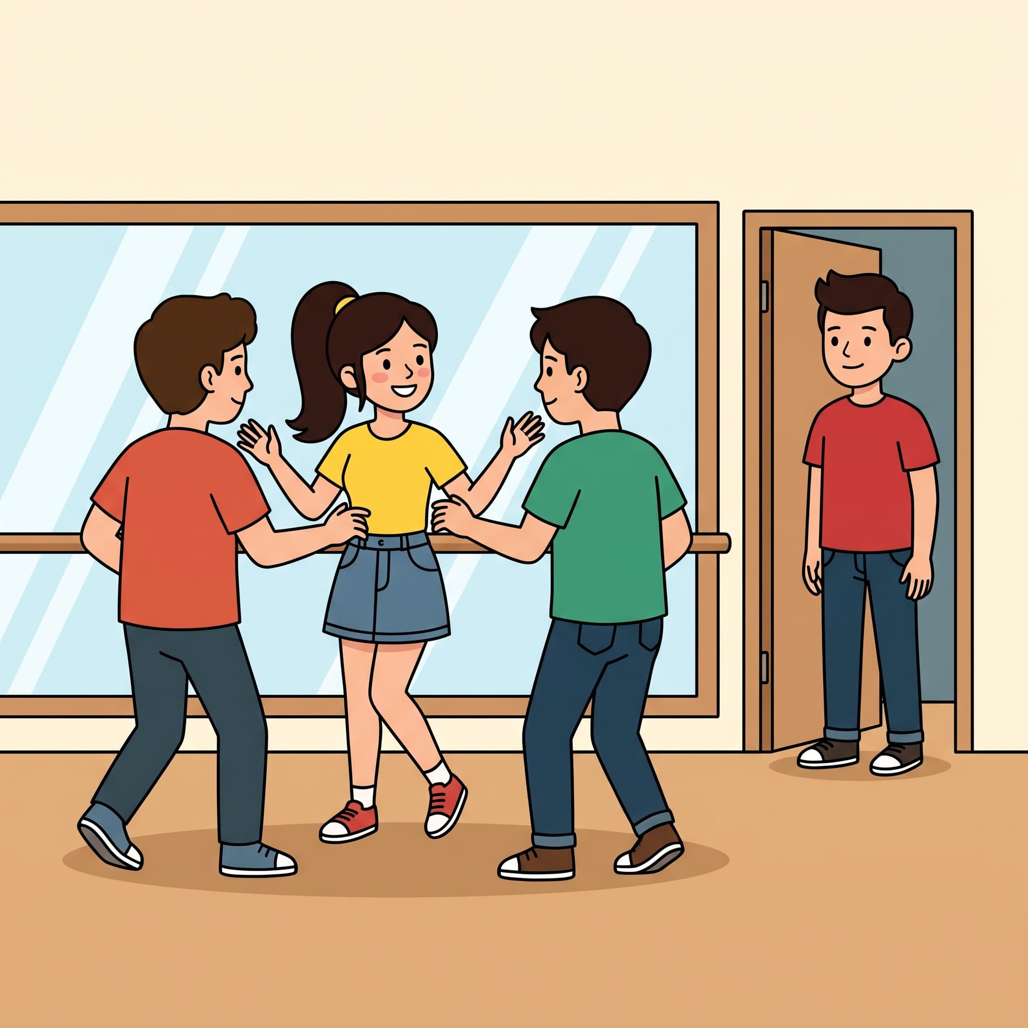 A dance room with mirrors. Ani stands with her group. Emre watches from the door.