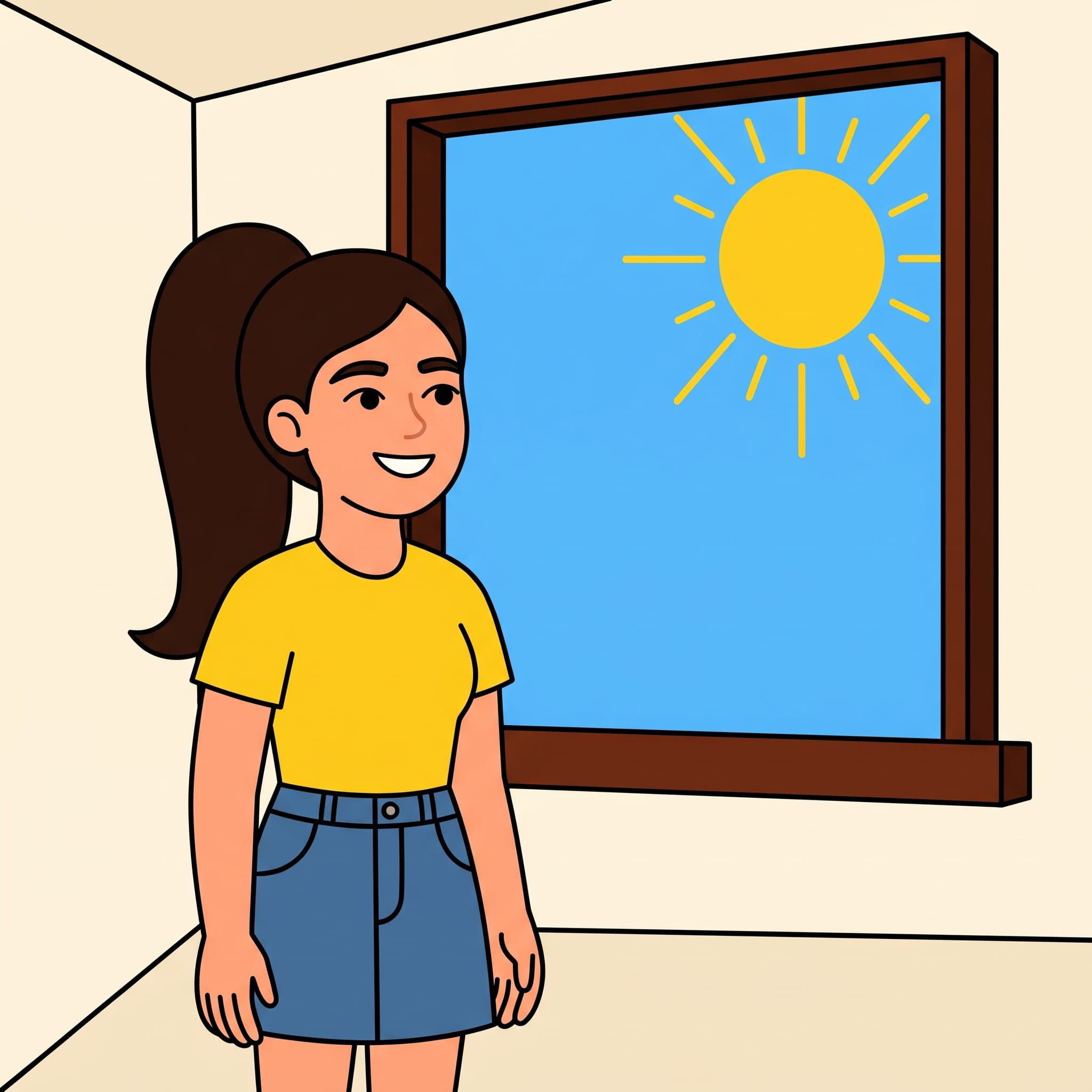 Ani looks out of the window in a t-shirt. The sun is shining outside.