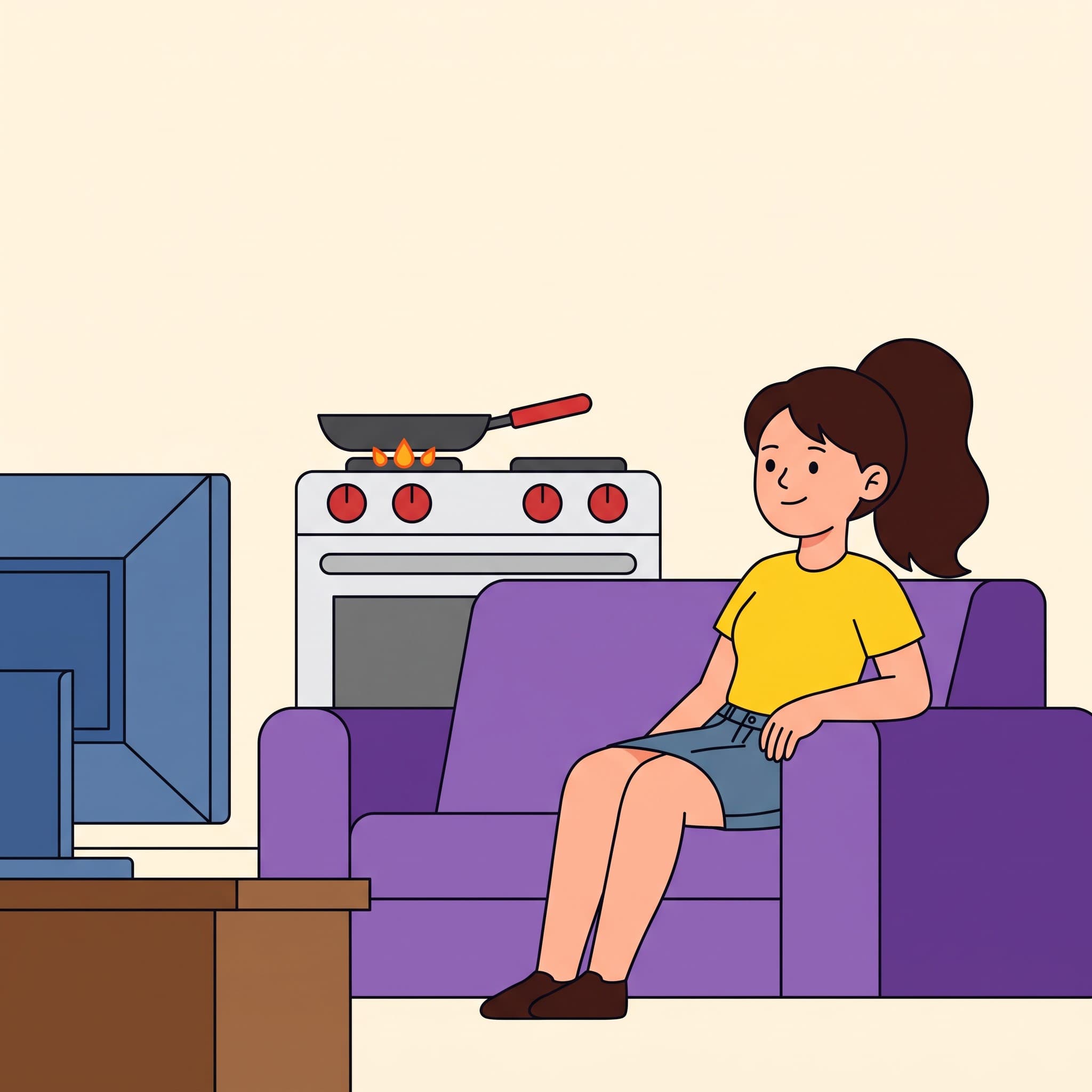 Ani sits on the sofa. Behind her a pan stands on the switched-on stove.